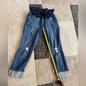 Indigo Blue Boyfriend Maternity Jeans with Distressed Details